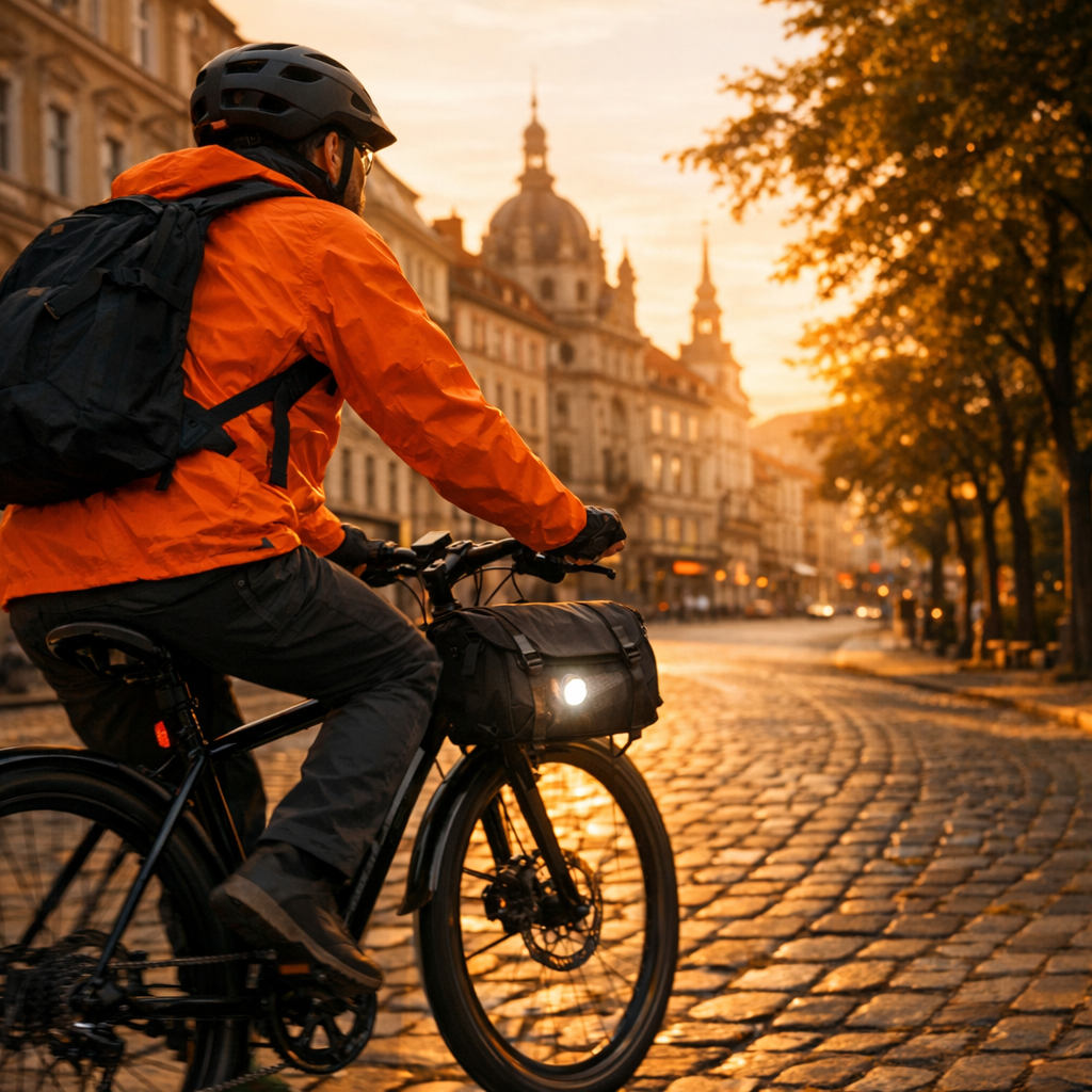 Urban cyclist commuting through Graz at dusk